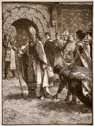 Becket vor seinen Feinden im Ratssaal von Northampton, Illustration aus Cassells Illustrierter Geschichte Englands