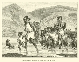 Berberfamilie überquert eine Furt, eine Szene in Algerien