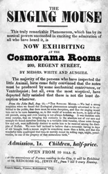 Plakat für die Ausstellung The Singing Mouse in den Cosmorama Rooms, 209 Regent Street, um 1836