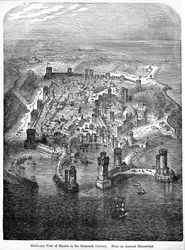 Vogelperspektive von Rhodos im sechzehnten Jahrhundert, aus einem alten Manuskript, aus 