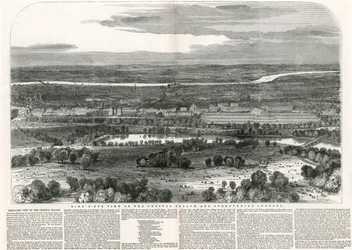 Vogelperspektive des Kristallpalastes und der umliegenden Landschaft, Große Ausstellung, 1851