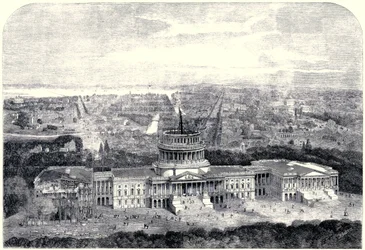 Vogelperspektive der Stadt Washington 1861, mit dem Kapitol im Bau im Vordergrund (digital gereinigte Version)