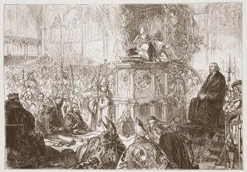 Der Bischof von Lodi predigt beim Prozess gegen Hus, Illustration aus Die Geschichte des Protestantismus von James Aitken Wylie, veröffentlicht 1878