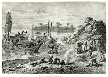 Boote und Bootsmänner des Ganges (Gravur)