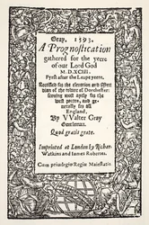 Rand mit dem Globus am Fuß, eine Prognostikation von Walter Gray, gedruckt von Watkins und Roberts, 1593