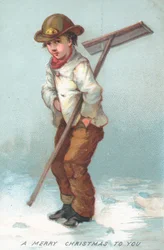 Junge räumt Schnee weg, Weihnachtskarte