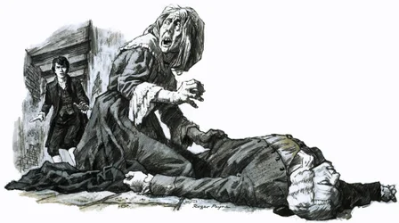 Junge entdeckt eine Frau, die über einem Körper kauert