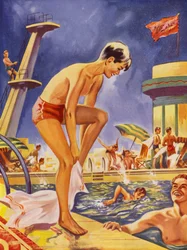 Junge trocknet sich am Schwimmbad ab