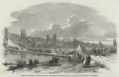 Brückenexperiment in Joinville-le-Pont, nahe Paris, vor dem Kaiser, Lord Raglan und dem Herzog von Cambridge (Gravur)
