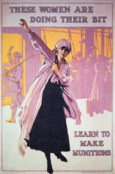 Britisches Plakat aus dem Ersten Weltkrieg, das Frauen zur Arbeit in Munitionsfabriken ermutigen sollte, ca. 1914-18