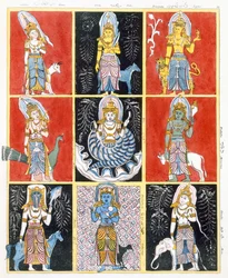 Buddhisten, die die Sterne, Sonne und Mond darstellen, aus Die Geschichte und Lehre des Buddhismus von Edward Upham, 1829
