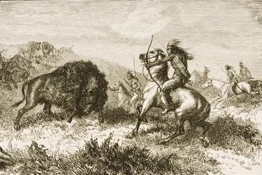 Büffeljagd auf den Great Plains zwischen St. Louis und Denver, ca. 1870, aus 