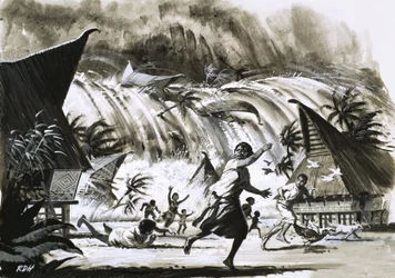 Katastrophe in Krakatau. Eine Flutwelle nähert sich einem Dorf