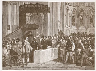 Calvin verweigert den Libertinen das Abendmahl in der St. Peters Kathedrale, Genf, Illustration aus The History of Protestantism von James Aitken Wylie, veröffentlicht 1878