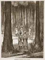 Cameron überquert den Luwati, Illustration aus der Bildausgabe des Lebens und der Entdeckungen von David Livingstone von J. Ewing Richie, veröffentlicht von A. Fullarton & Co., 1876