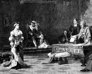 Katharina von Aragon (1485-1536), erste Frau von Heinrich VIII., bei ihrem ersten Prozess