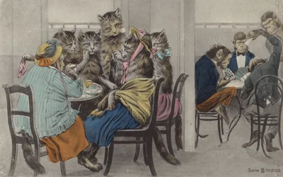 Katzen trinken Tee und Affen spielen Karten