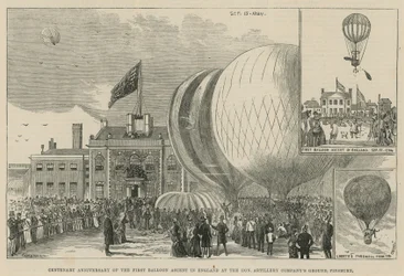 Hundertjähriges Jubiläum des ersten Ballonaufstiegs in England auf dem Gelände der Ehrenwerten Artilleriegesellschaft, Finsbury