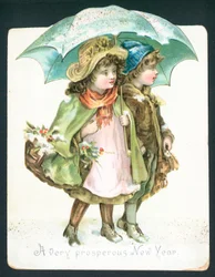 Kinder gehen im Schnee unter einem Regenschirm, Neujahrskarte