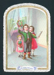 Kinder mit Kranz und Blumen, Neujahrskarte