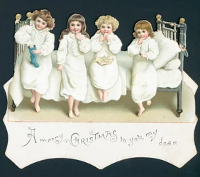 Weihnachtskarte, Kinder im Bett mit ihren Strümpfen
