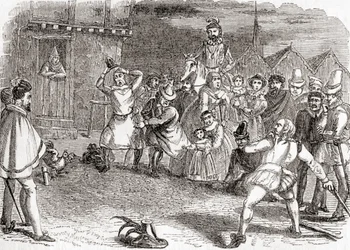 Hahnwerfen, auch Hahnenscheuchen oder Werfen auf Hähne genannt, aus Old England: A Pictorial Museum, veröffentlicht 1847