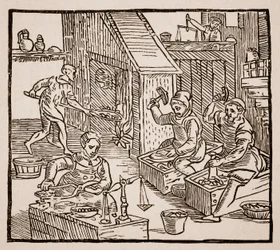 Münzpräger bei der Arbeit, 1577 (Sepia-Foto)