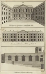 College of Physicians in Warwick Lane, das London Hospital in Whitechapel Road und die Kirche St John the Baptist im Savoy, London