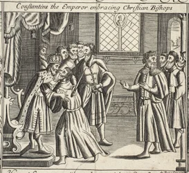 Konstantin der Kaiser umarmt christliche Bischöfe, Illustration aus Acts and Monuments von John Foxe, neunte Ausgabe, veröffentlicht 1684
