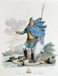 Kostüm eines sächsischen Anführers - in „Celts and Goths, customs of the inhabitants of the British Isles of the early 6th century and the Goth nations of the west coast of the Baltic“, von S.R. Meyrick und Ch. Smith