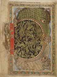 Cotton Nero C IV f.39 Die Kiefer der Hölle von einem Engel verschlossen, aus dem Psalter von Heinrich von Blois, ca. 1121-61