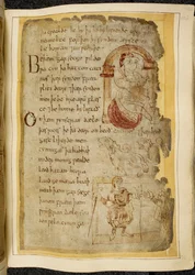 Ein Mann, der auf einem Kissen unter einem Bogen sitzt; zwei Catini, offenmäulige Bestien wie Hunde; ein Mann in Roben mit einem Stab, der seine Hand einem anderen Mann reicht, Illustration aus Beowulf, aus dem 