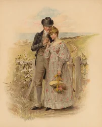 Paar beim Spaziergang auf dem Land (Chromolithografie)