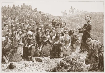 Bundesschließer beten am Ufer des Whitadder, Illustration aus The History of Protestantism von James Aitken Wylie, veröffentlicht 1878