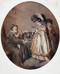 Leichtgläubige Frau und Astrologe, englisches Bild, 18. Jahrhundert