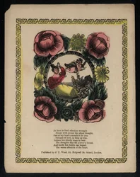 Amor und Frau in einem von Blumen umgebenen Garten, Liebesgedicht