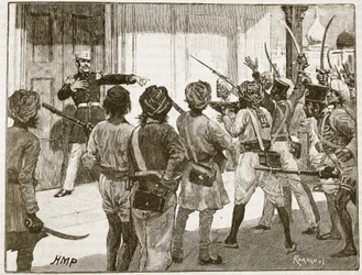 De Kantzow verteidigt das Schatzamt in Mynpooree, Illustration aus Cassells Illustrated History of England