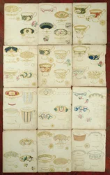 Entwürfe für Teetassen, hergestellt in der Daniel Factory, Staffordshire, um 1845