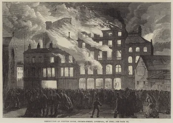 Zerstörung des Compton House, Church-Street, Liverpool, durch Feuer (Stich)