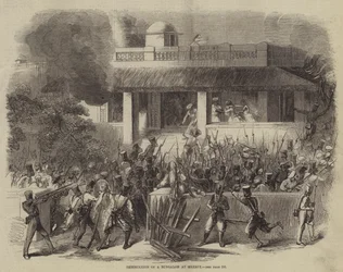 Zerstörung eines Bungalows in Meerut (Stich)