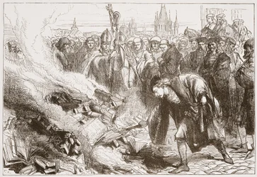 Zerstörung der Werke von Wicliffe in Prag, Illustration aus Die Geschichte des Protestantismus von James Aitken Wylie, veröffentlicht 1878