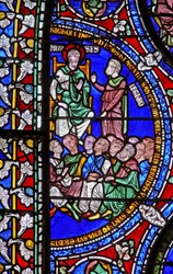 Detail eines der Bibelfenster, das Moses mit Jethro zeigt (Detail)