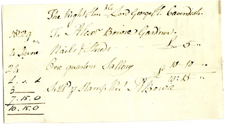 Devonshire MSS AS 3101, Folio aus einem Bündel von Rechnungen, beglichen von Pinder Simpson für Lord George Cavendish, einschließlich Alexander Bowies Rechnung