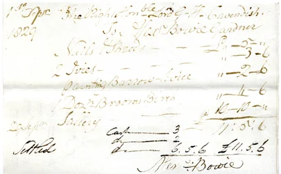Devonshire MSS AS 3101, Folio aus einem Bündel von Rechnungen, beglichen von Pinder Simpson für Lord George Cavendish, einschließlich Alexander Bowies Rechnung