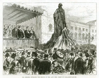 Disraeli enthüllt die Statue des verstorbenen Lord Derby auf dem Parliament Square, Westminster