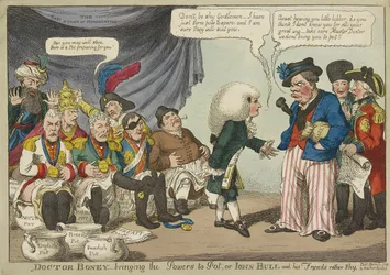 Doktor Boney bringt die Mächte zum Kochen, oder John Bull und seine Freunde sind eher schüchtern, veröffentlicht 1808 (handkolorierte Gravur)