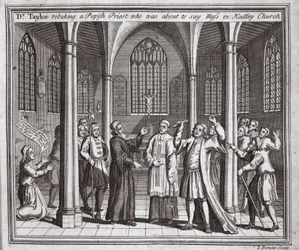 Dr. Taylor tadelt einen papistischen Priester, der im Begriff war, in der Hadley-Kirche die Messe zu lesen, Illustration aus Foxes Märtyrer, ca. 1703