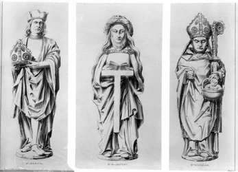 Zeichnungen der Heiligen Martin, Wilgefort und Nikolaus von ihren Statuen in der Henry VII Kapelle, Westminster Abbey