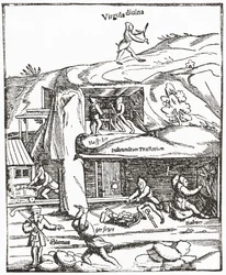 Frühe Darstellung der Wünschelrute, zeigt eine Figur mit einer Wünschelrute über der Erde, die nach Wasser, Kohle oder Gold sucht, und die Bergleute unter der Erde, die nach Kohle suchen (aus The Strand Magazine, veröffentlicht 1897)