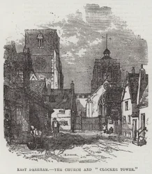 East Dereham, die Kirche und der "Clocker Tower" (Gravur)